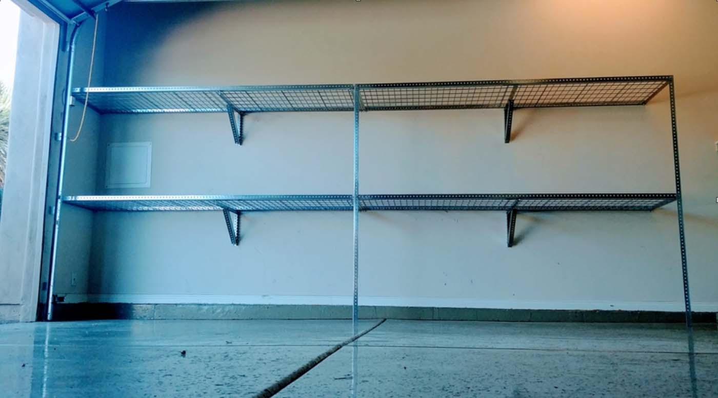 Six 2ft by 8ft heavy duty steel shelves system
